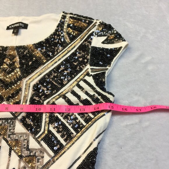 Express Mini Bodycon Dress Size XS Womans Black Gold Sequin Geometric Cap Sleeve - Picture 11 of 13